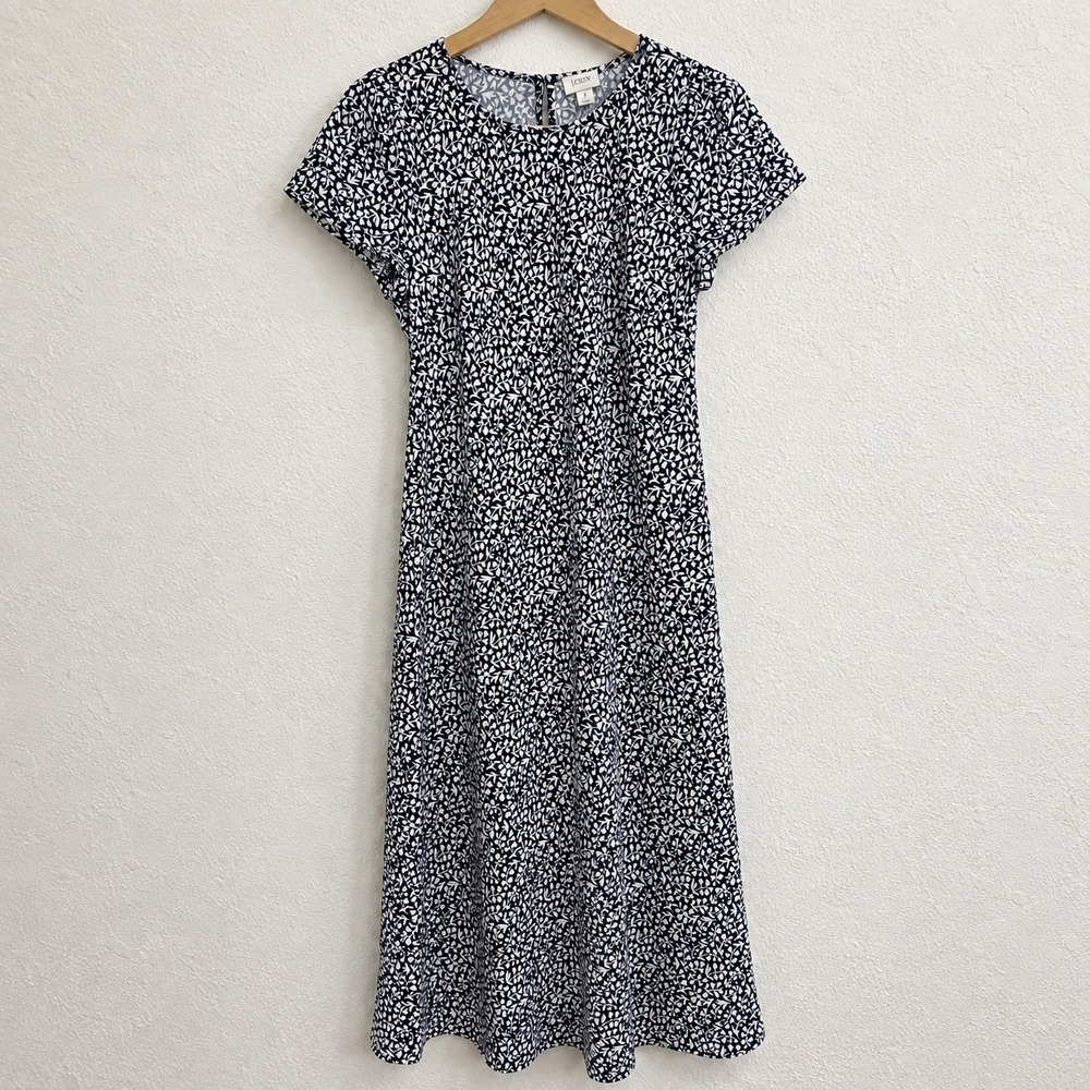 J.Crew Navy Blue White Floral Vine Short Sleeve Midi Dress Size 2 A-Line Keyhole